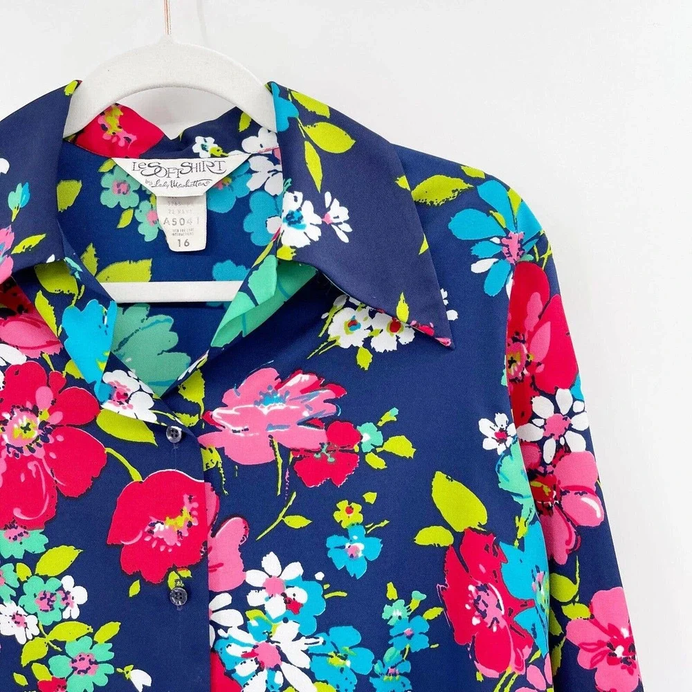 Le Soft Shirt by Lady‎ Manhattan Floral Shirt Size 16 Button Down Belted Vintage